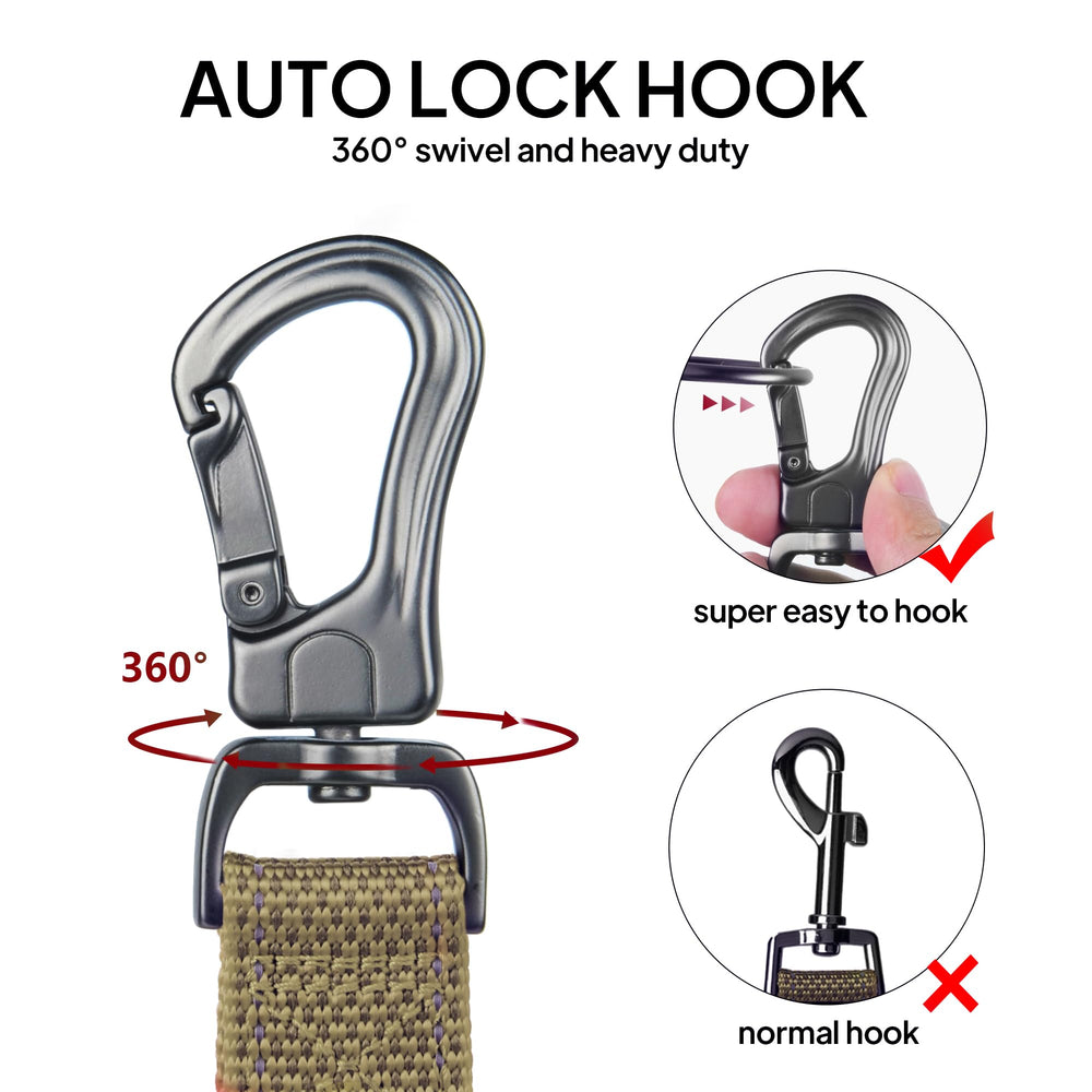 TwoEar auto lock hook with 360° rotation prevents tangling.