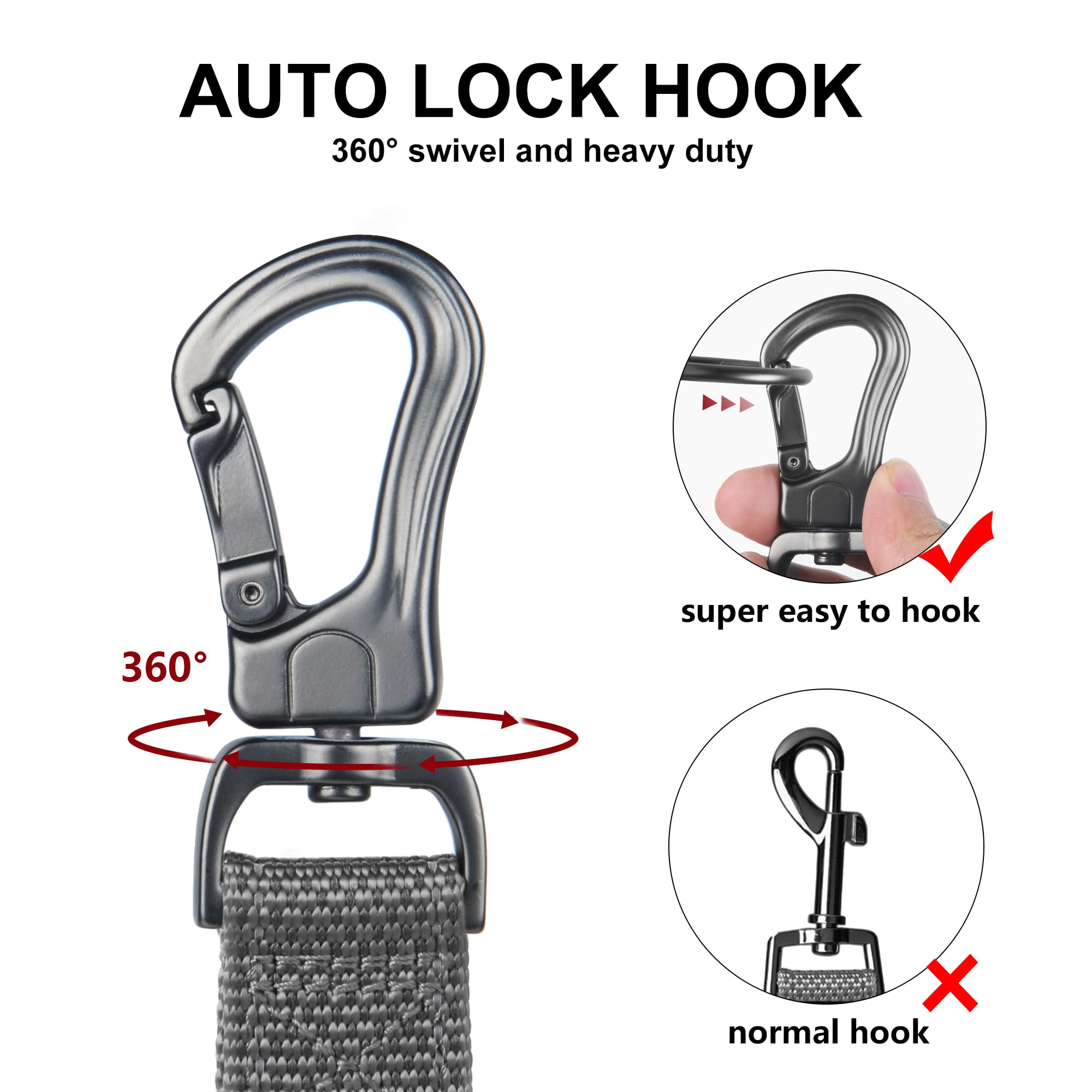 TwoEar auto-lock hook prevents tangling with quick secure fastening