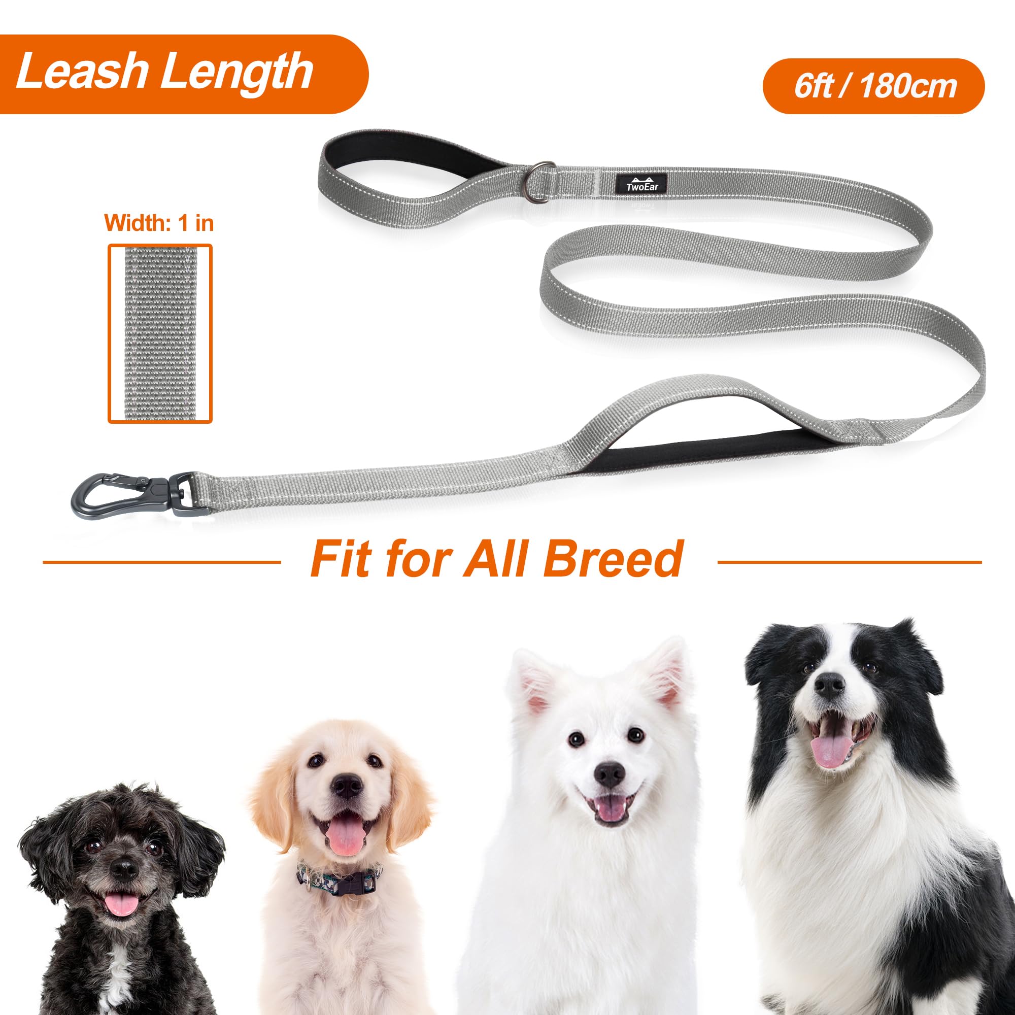 TwoEar leash includes a D-ring for waste bag dispenser or keys