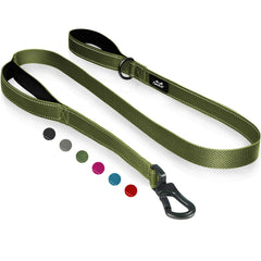 TwoEar green dog leash full view with dual padded handles for comfort.
