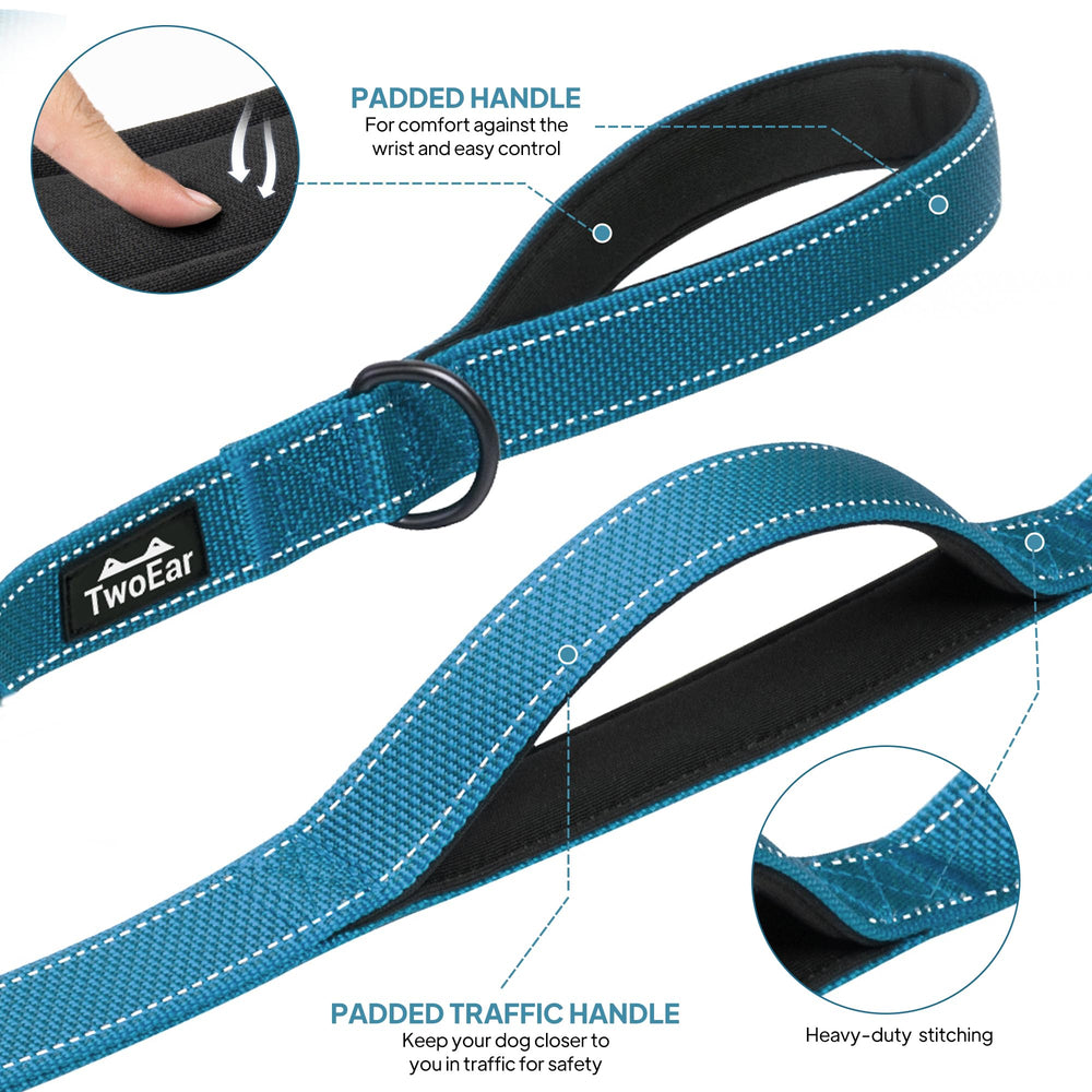 TwoEar reflective night leash enhances visibility during dawn or dusk walks.
