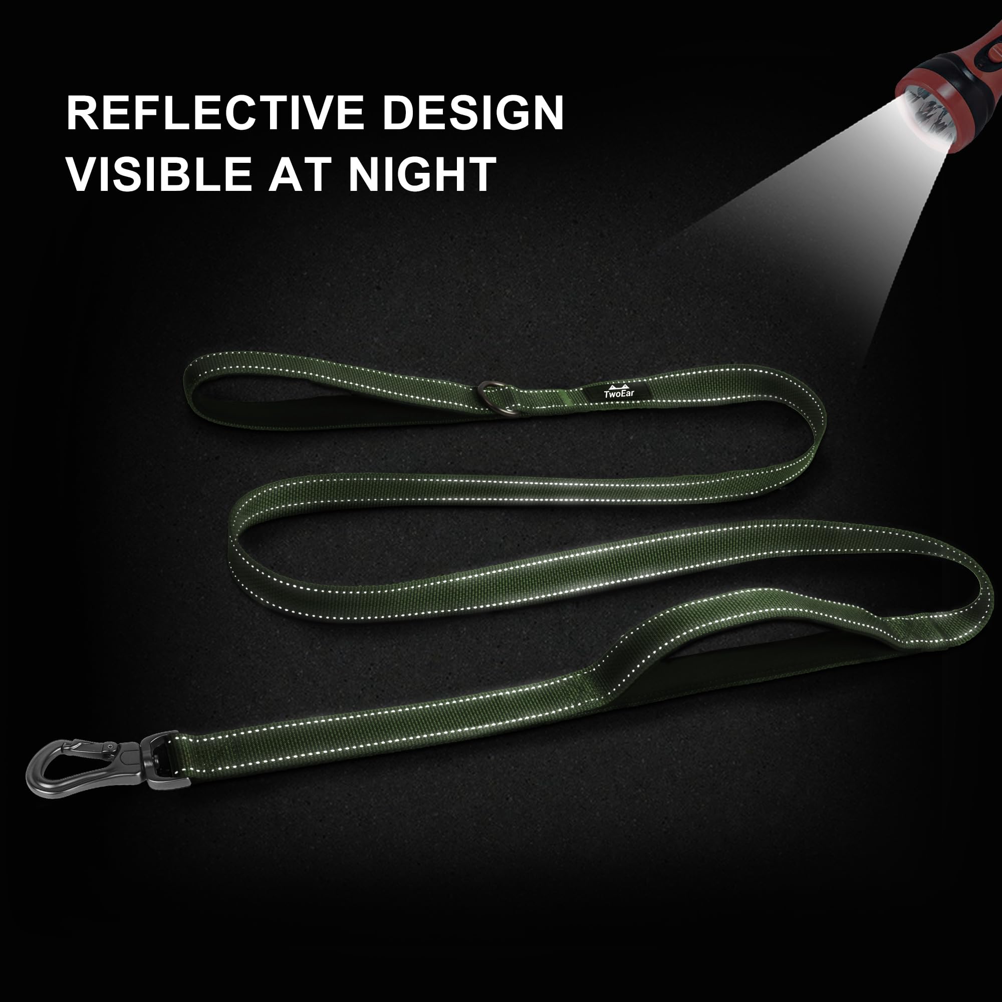 TwoEar reflective night leash increases visibility for safer evening walks.