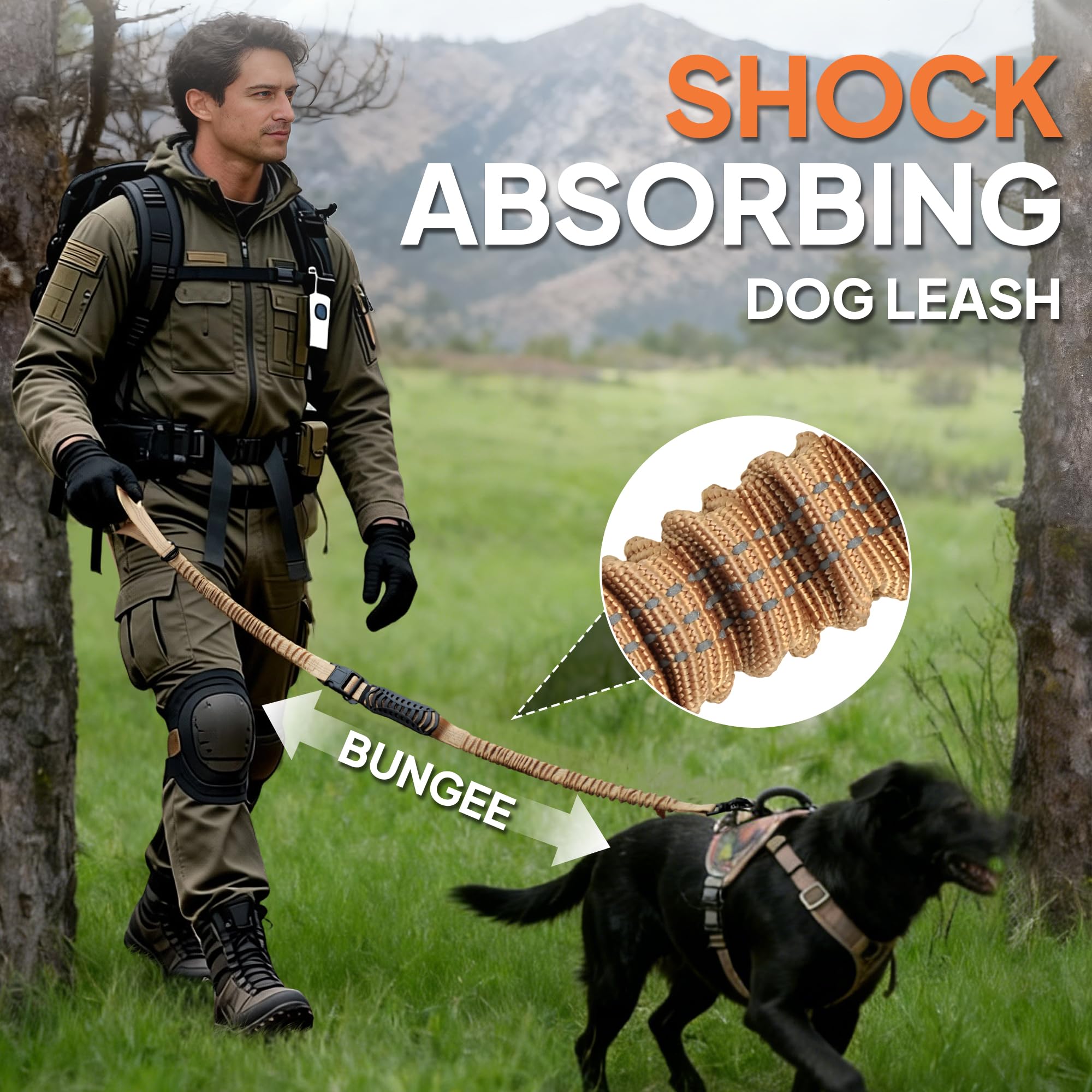 TwoEar leash extended with bungee for smooth control on sudden pulls