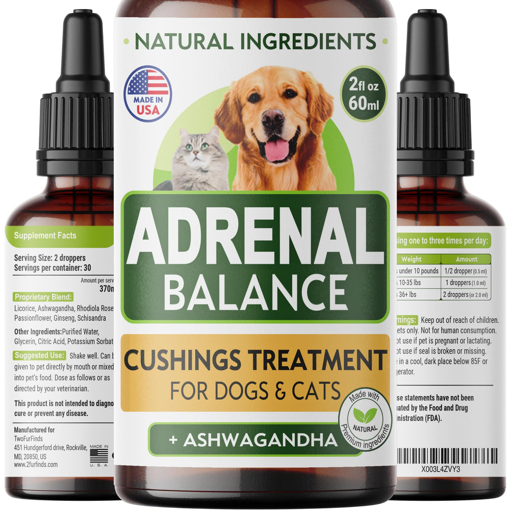 TwoFurFinds Adrenal Balance bottle front for easy pet supplement use.