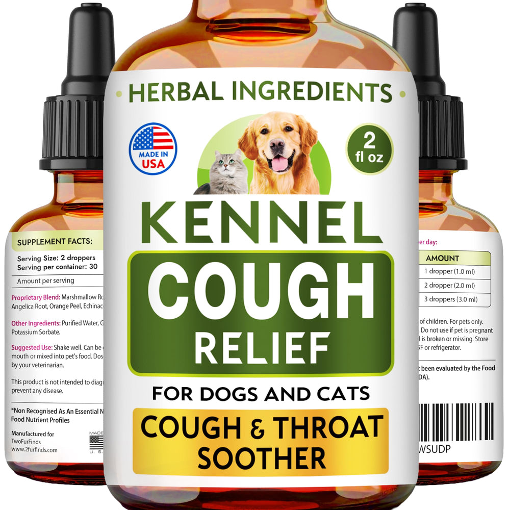 TwoFurFinds Kennel Cough Drops bottle soothes irritated throats for dogs and cats.