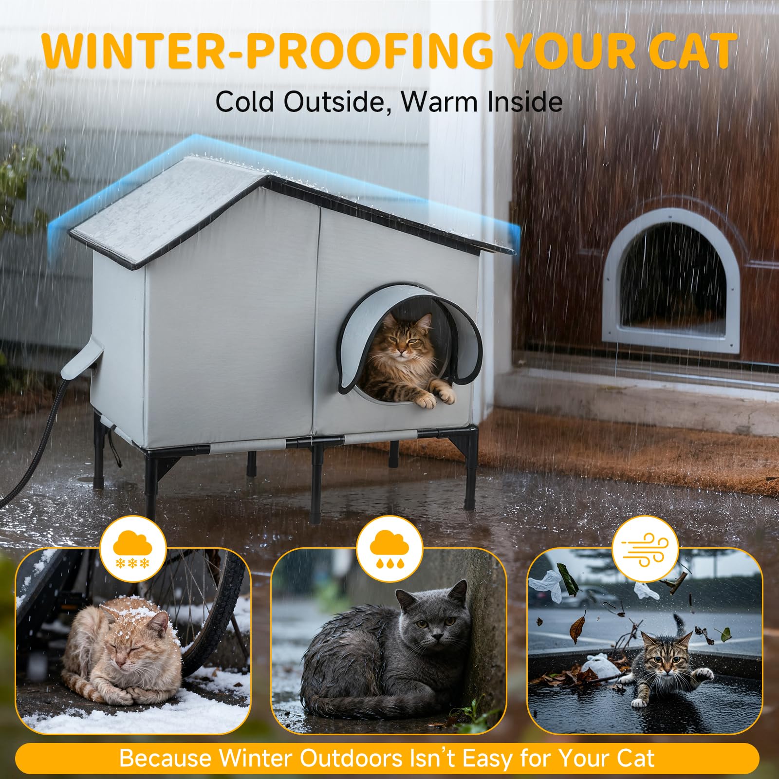 Txunocy heated cat house waterproof roof detail protects against rain.