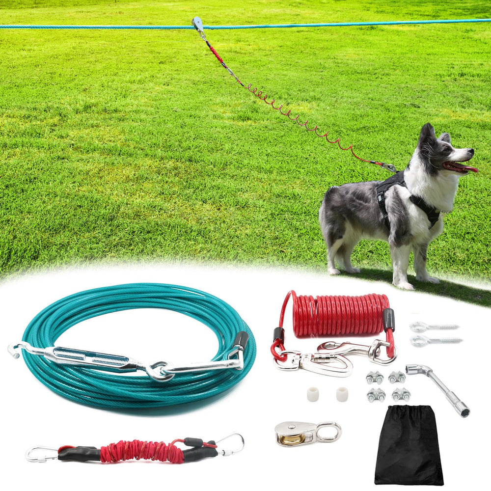 Tyalez 100ft dog run main cable highlights durable, weather-resistant construction for yard use.