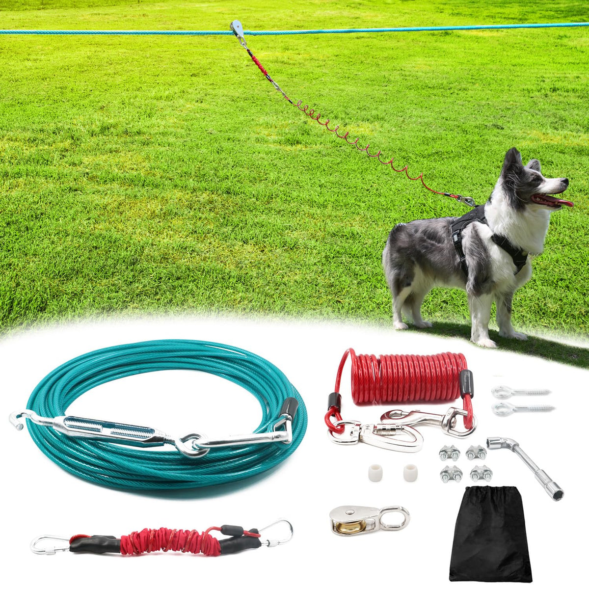 Tyalez 100ft dog run main cable highlights durable, weather-resistant construction for yard use.