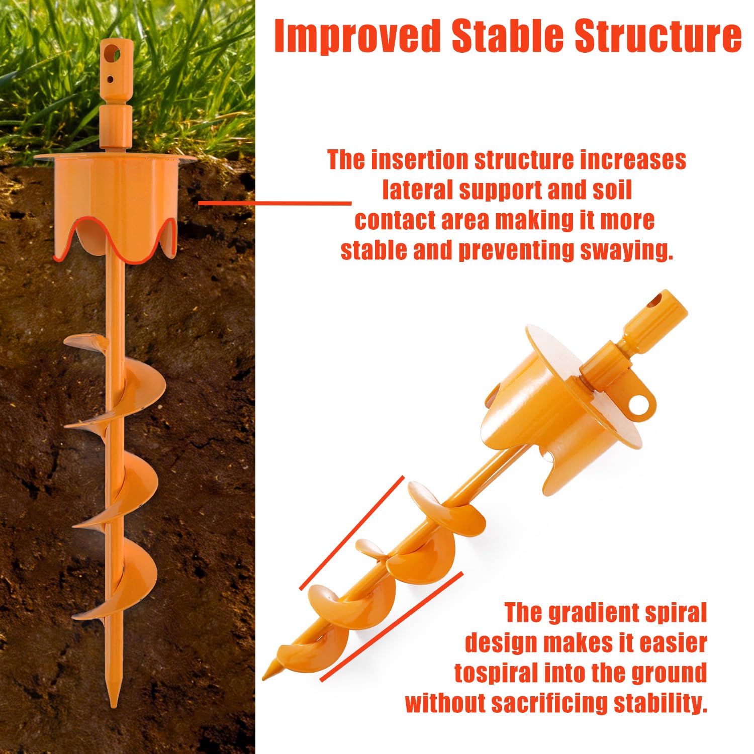 Tyalez spiral weld stake being screwed in for quick ground anchoring.