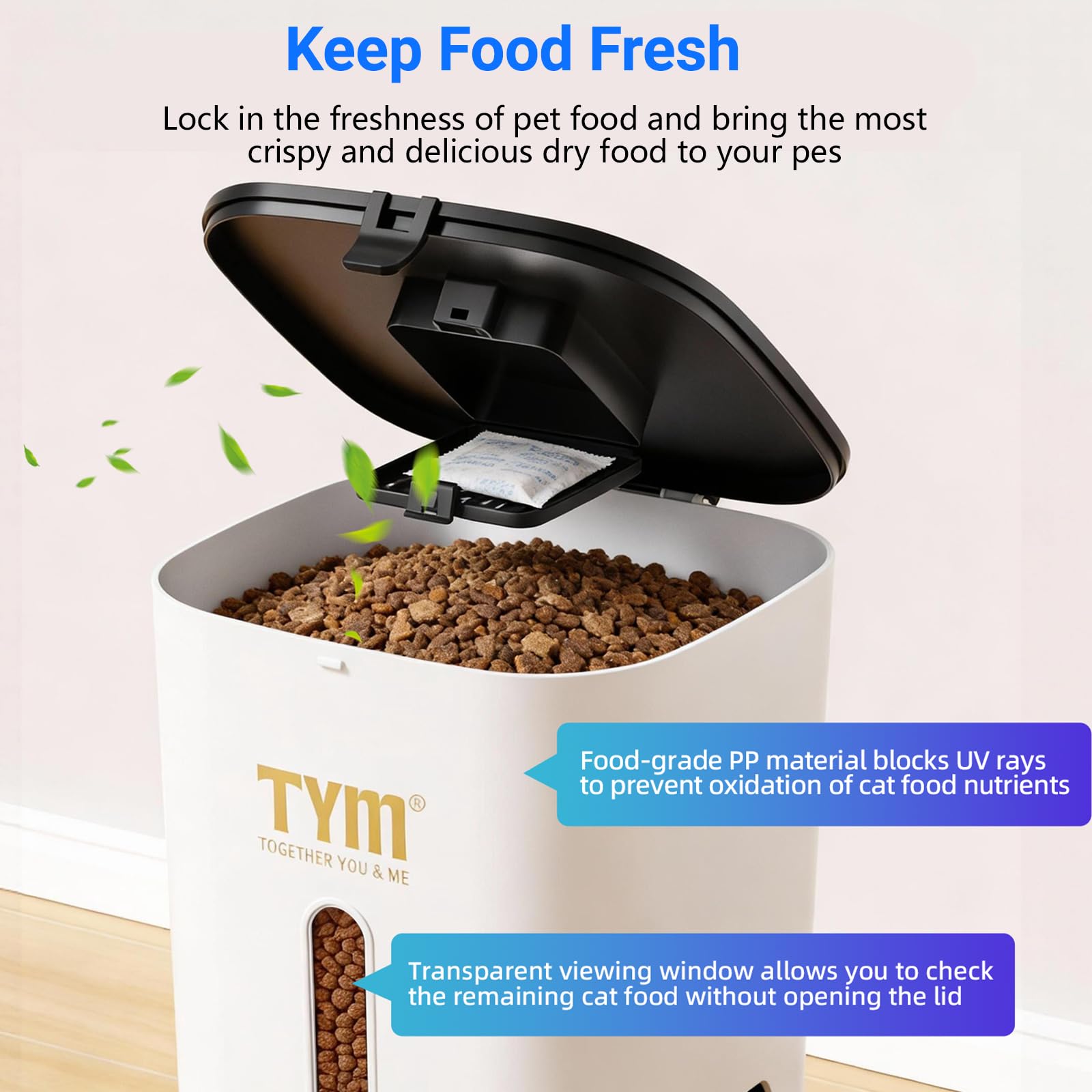 TYM sealed desiccant lid to keep portions fresh and spill-free