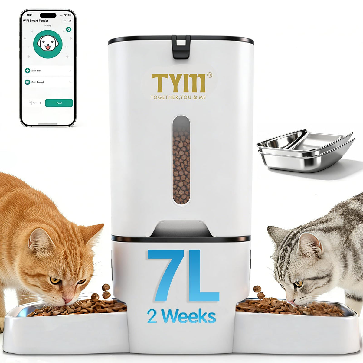 TYM Dual Automatic Feeder showing two-bowl design for two cats and shared meals