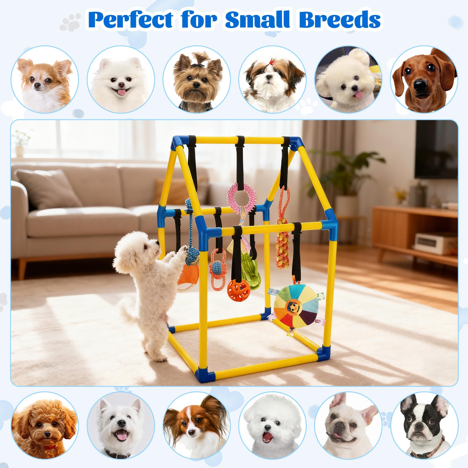 Hanging toy system on the Tynexal Puppy Play Gym enables independent play