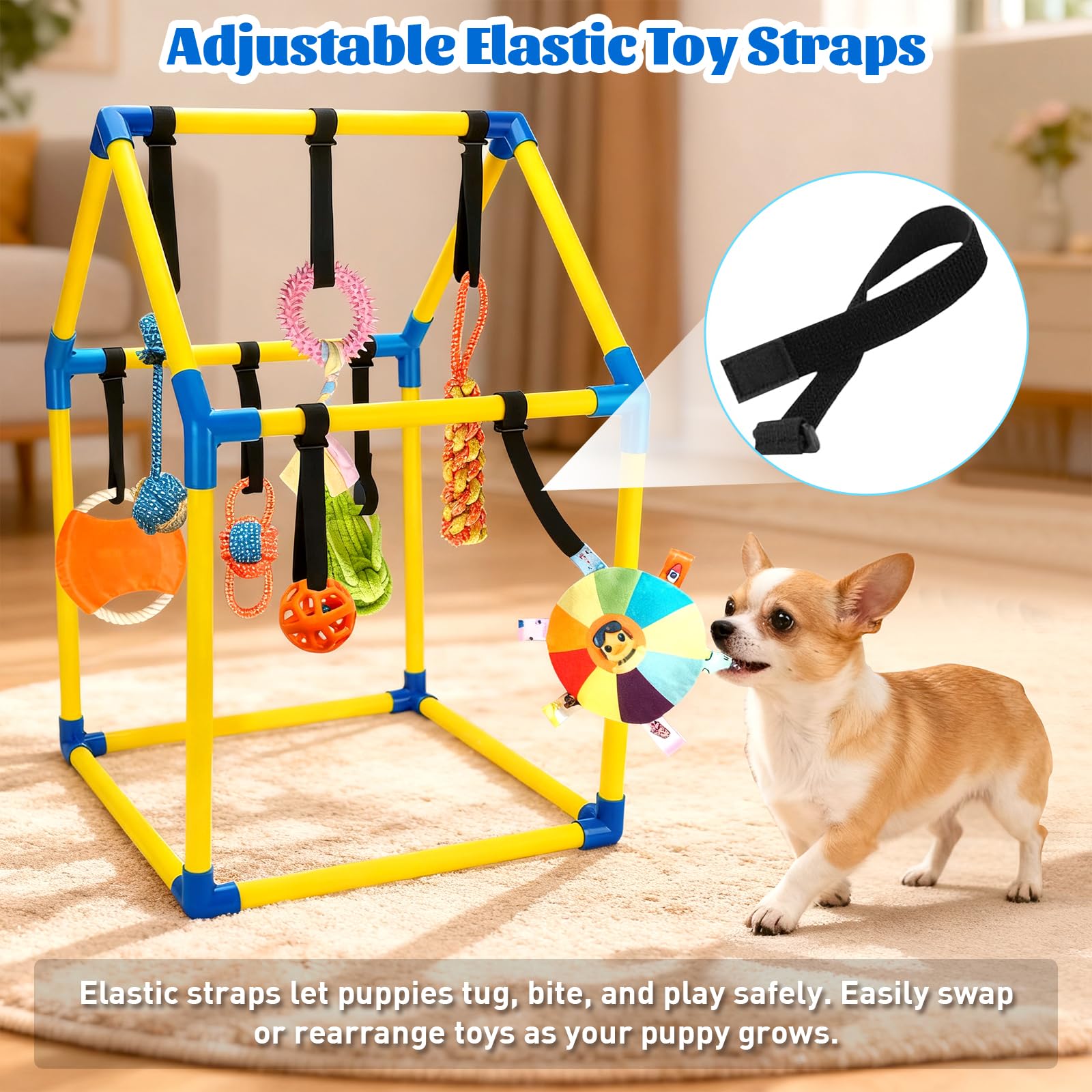 Teething and squeak toy on the Tynexal gym supports chewy play