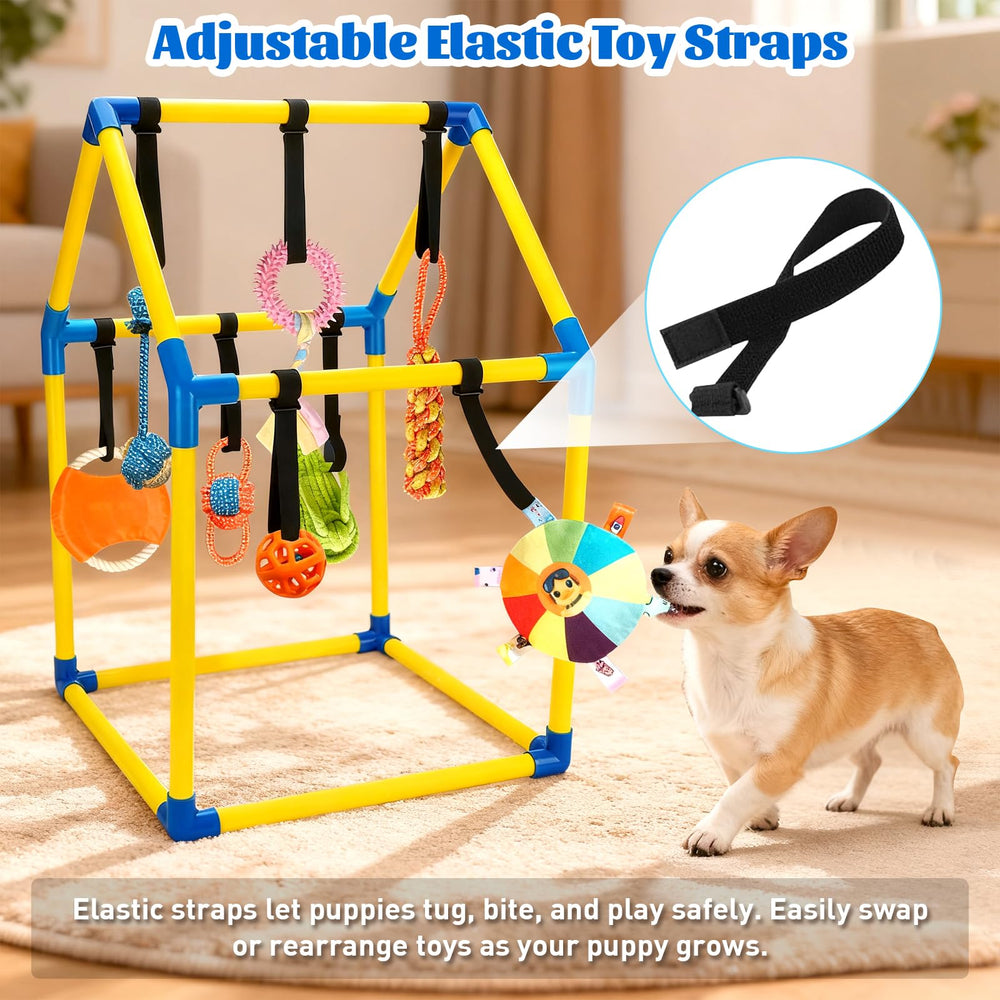 Teething and squeak toy on the Tynexal gym supports chewy play
