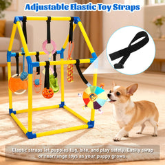 Teething and squeak toy on the Tynexal gym supports chewy play