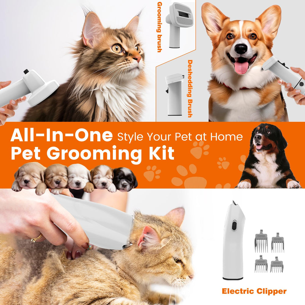 ubrobo dog grooming vacuum with clippers in use, trims and collects hair simultaneously