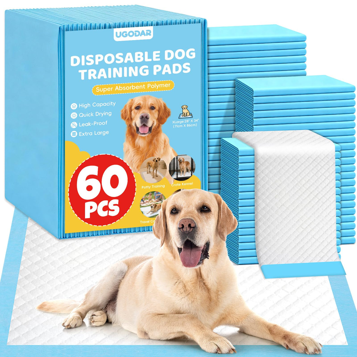 UGODAR 60-pack extralarge dog pee pad, 34x28, versatile potty training scenario.