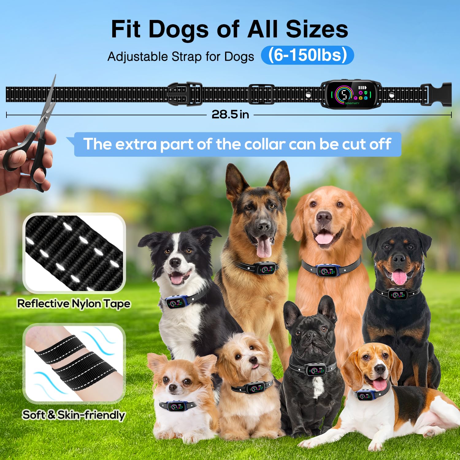 UJYOIIY bark collar adjustable strap fits small to large dogs for a comfortable fit.