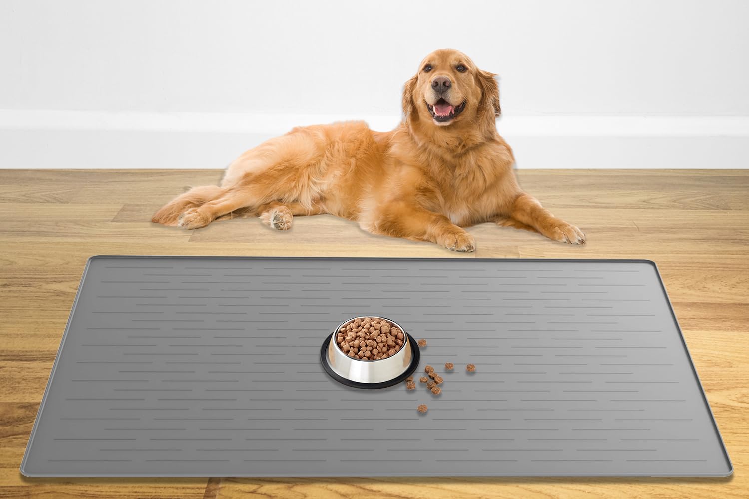 Ultibe pet food mat 48 by 32 inches with raised edge for spill containment during meals