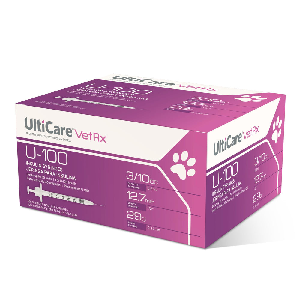 UltiCare VetRx U-100 box front for easy reference and restocking.