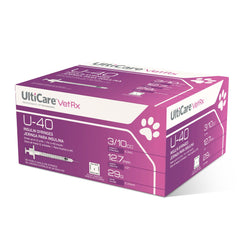 UltiCare VetRx U-40 3/10cc syringes box showing a complete 100-pack for precise dosing