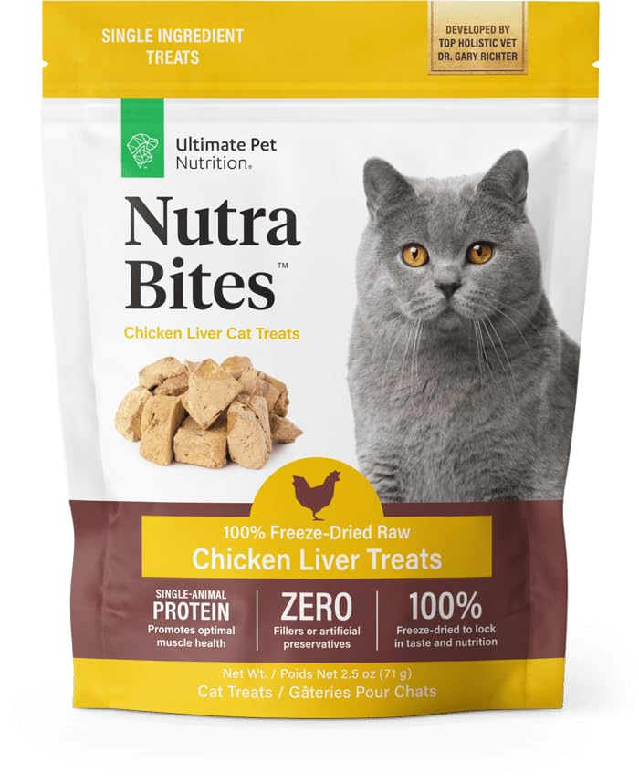 ULTIMATE PET NUTRITION Nutra Bites for Cats in a jar with chicken liver for tasty rewards.
