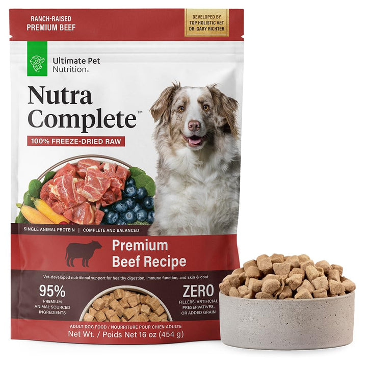 Nutra Complete beef bites bag shows premium freeze-dried protein for dogs