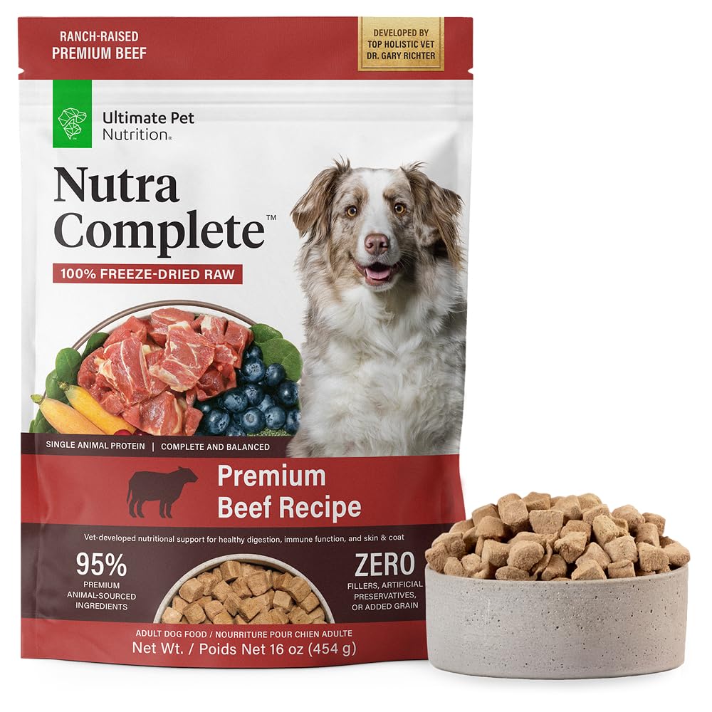 Nutra Complete beef bites bag shows premium freeze-dried protein for dogs