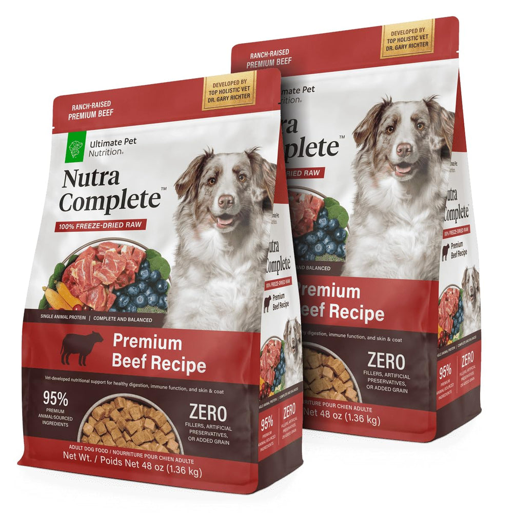 Ultimate Pet Nutrition Nutra Complete beef bites in a two-bag value pack for easy meals.