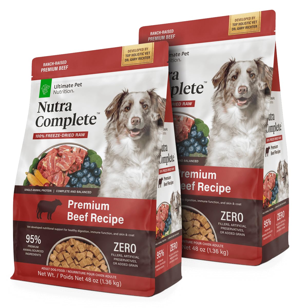 Ultimate Pet Nutrition Nutra Complete beef bites in a two-bag value pack for easy meals.