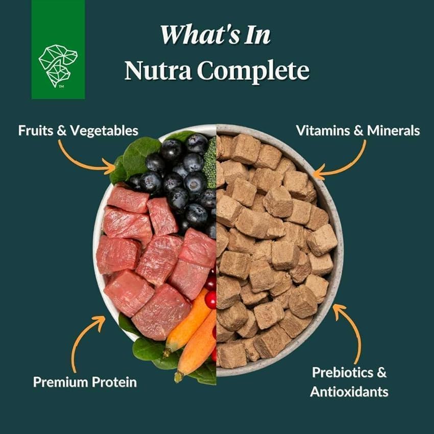 ULTIMATE PET NUTRITION Nutra Complete-dog-enjoying-meal depicts tasty, versatile nutrition.
