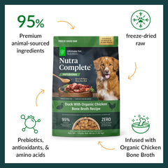 ULTIMATE PET NUTRITION Nutra Complete duck bone broth close-up shows freeze-dried raw goodness