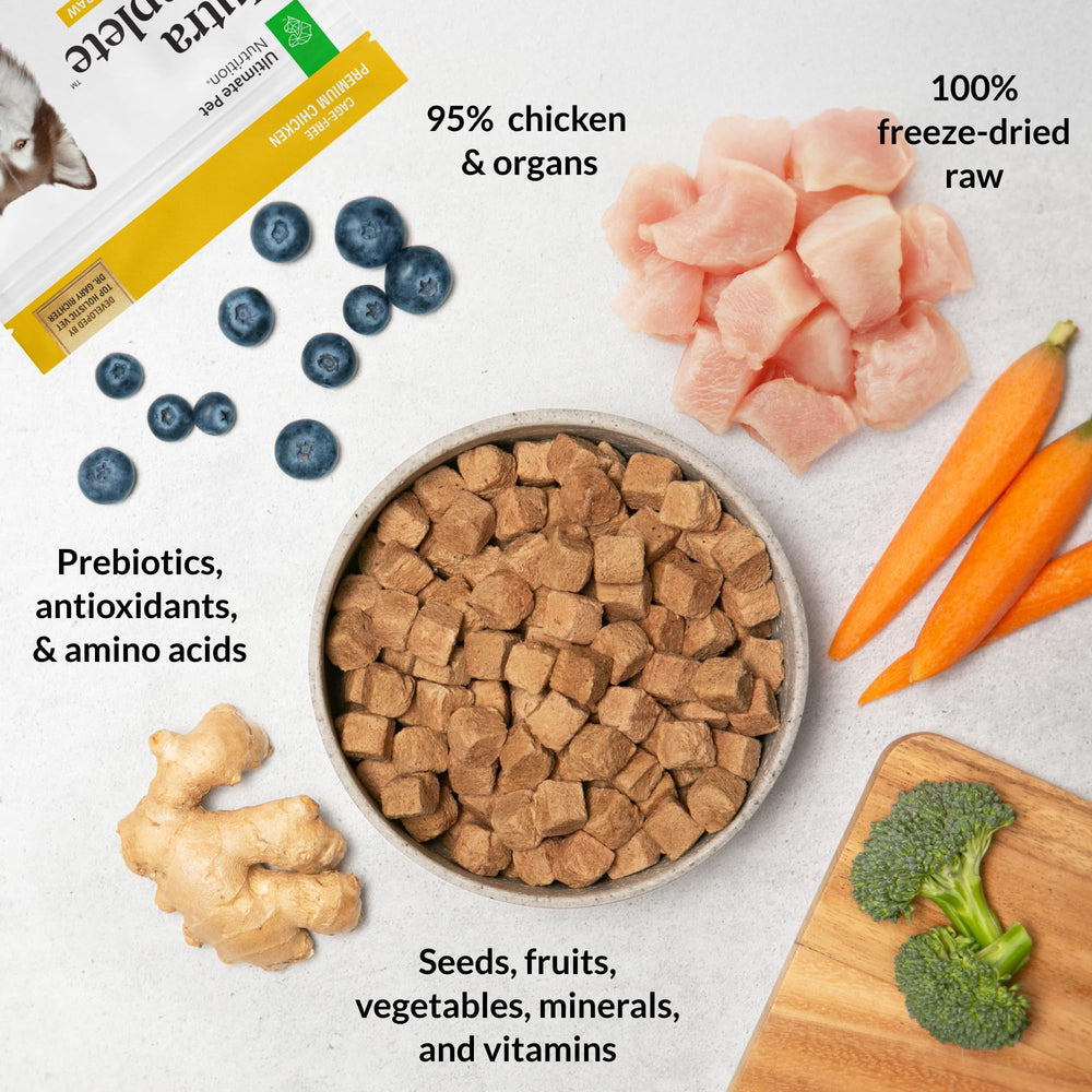 ULTIMATE PET NUTRITION Nutra Complete cage-free chicken and organs for high-quality protein.