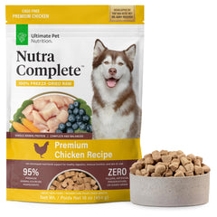 ULTIMATE PET NUTRITION Nutra Complete freeze-dried chicken bites in a 1 lb bag for easy protein.