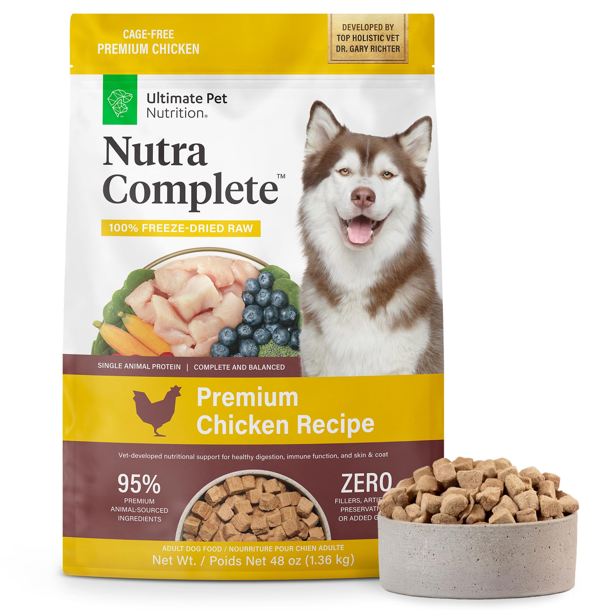 ULTIMATE PET NUTRITION Nutra Complete freeze-dried chicken bites offer easy digestion