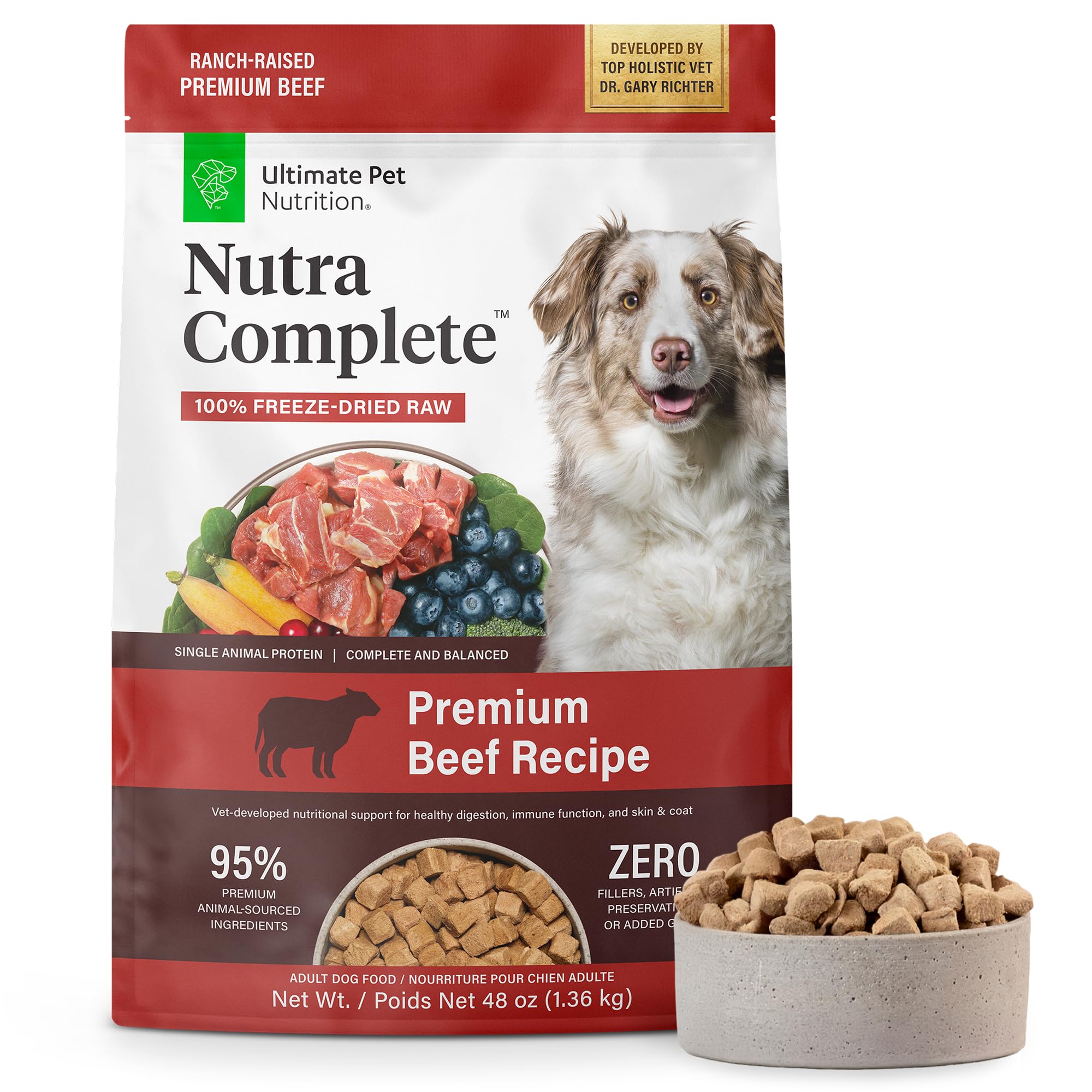 Ultimate Pet Nutrition Nutra Complete freeze-dried beef bites, rich flavor and potential digestive support.