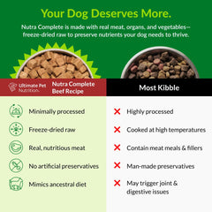 Serving bowl with Nutra Complete freeze-dried beef, highlighting protein-rich nutrition.
