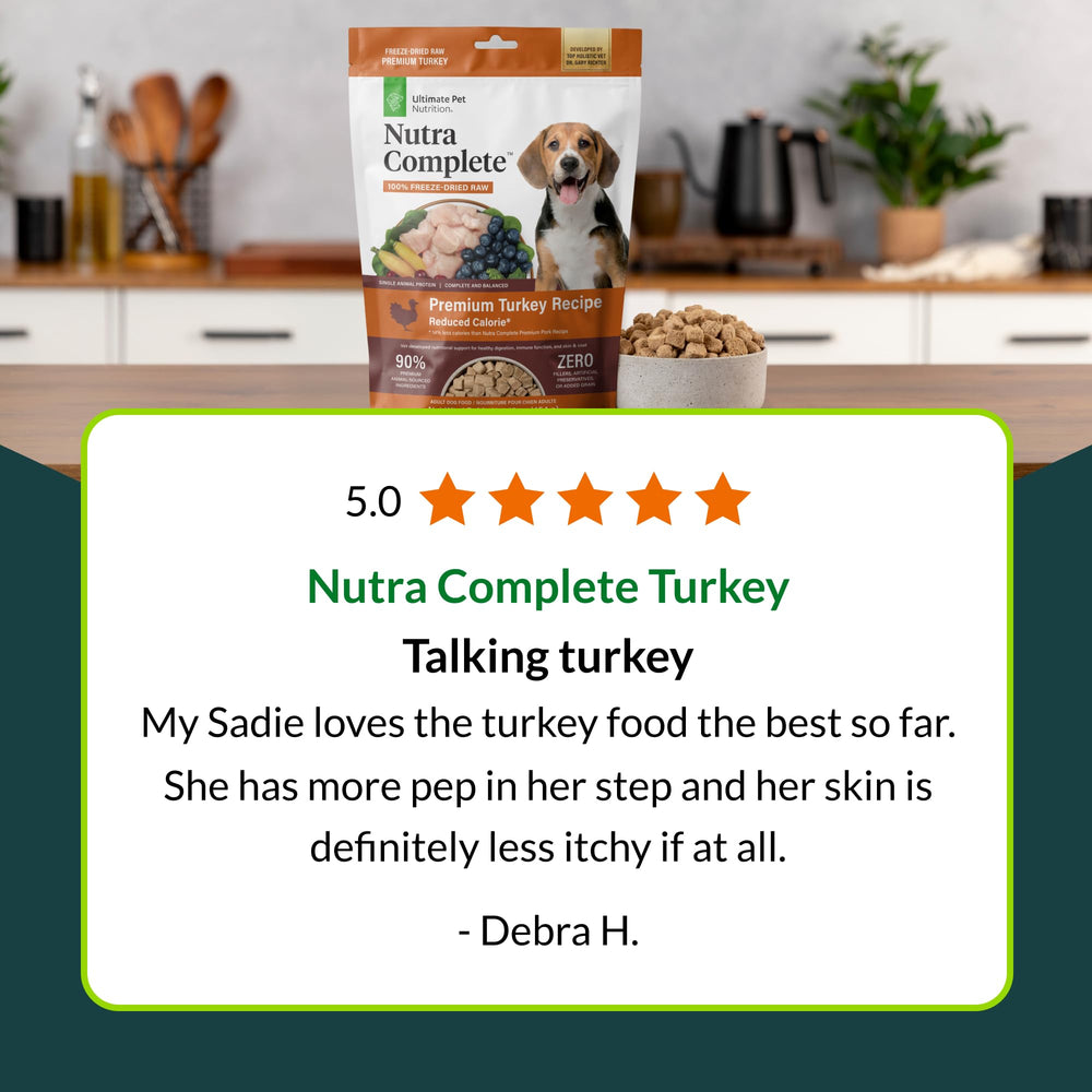Ultimate Pet Nutrition Nutra Complete Nutrition Label close-up notes quality testing.