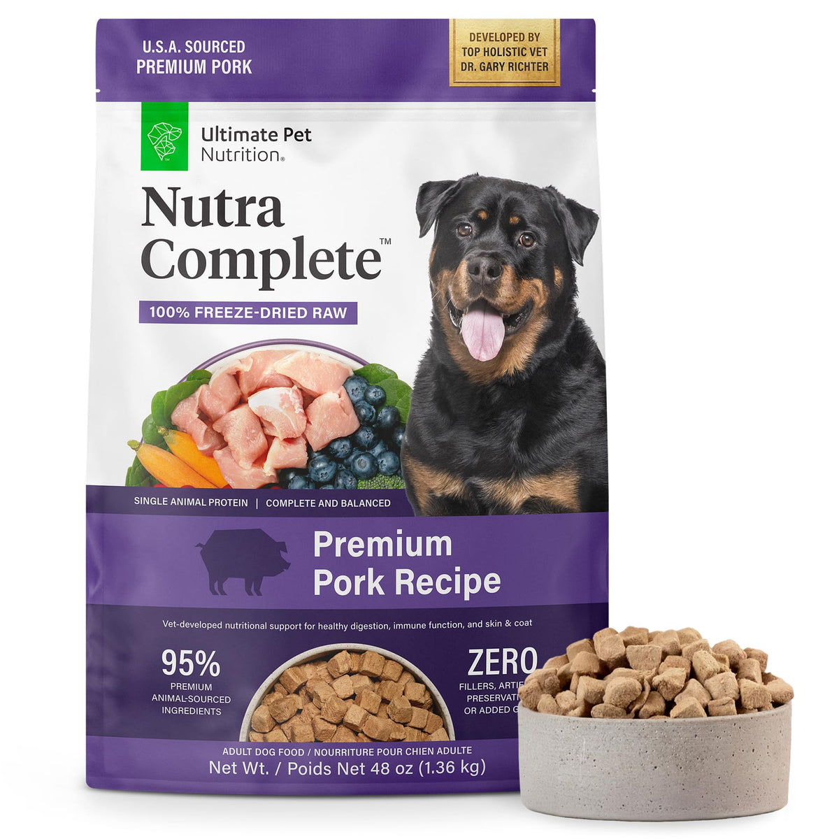 ULTIMATE PET NUTRITION Nutra Complete pork recipe bites for digestion-friendly nutrition.