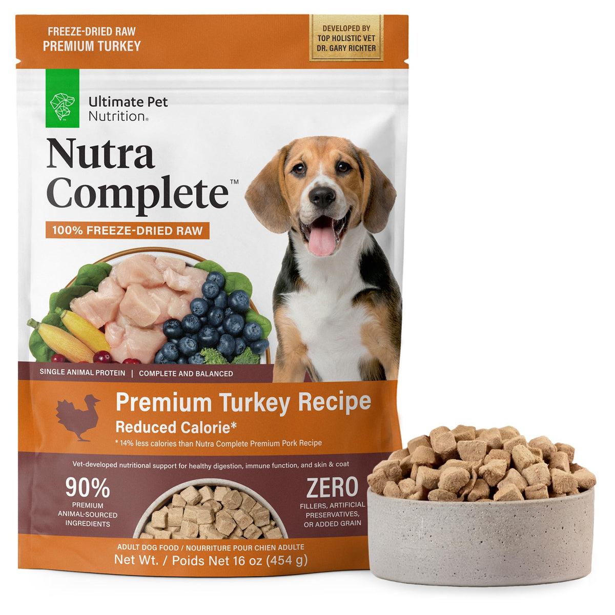 Ultimate Pet Nutrition Nutra Complete Turkey bag top view highlights premium freeze-dried nutrition for dogs.