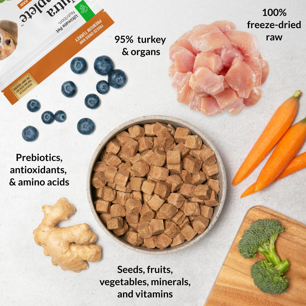 Ultimate Pet Nutrition Nutra Complete Turkey bites closeup shows tasty texture for meals or mixers.