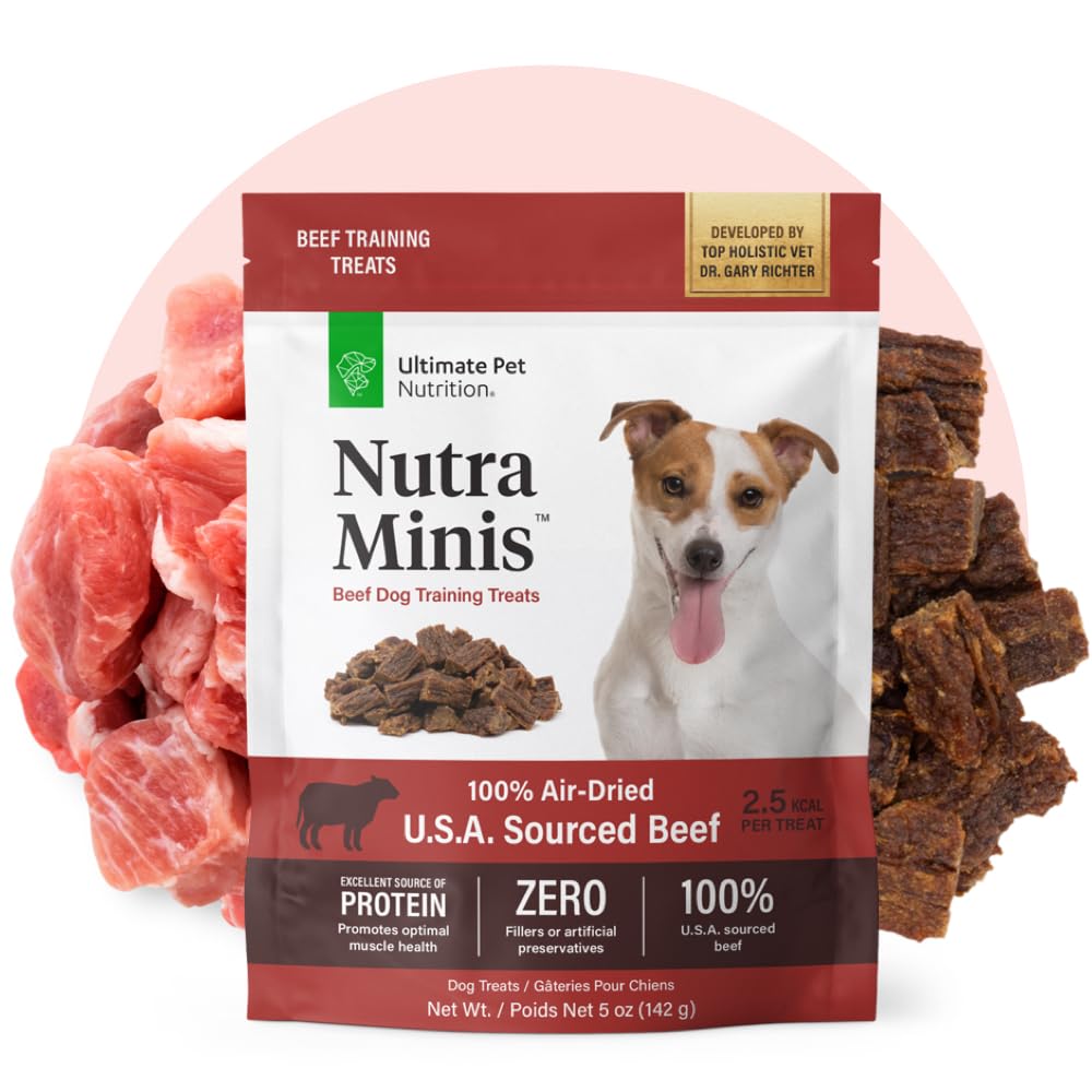 Beef-flavored treats in 5 oz bag show convenient portioning.