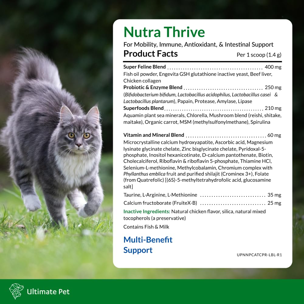 Nutra Thrive ingredients label highlights vitamins and minerals for cat vitality
