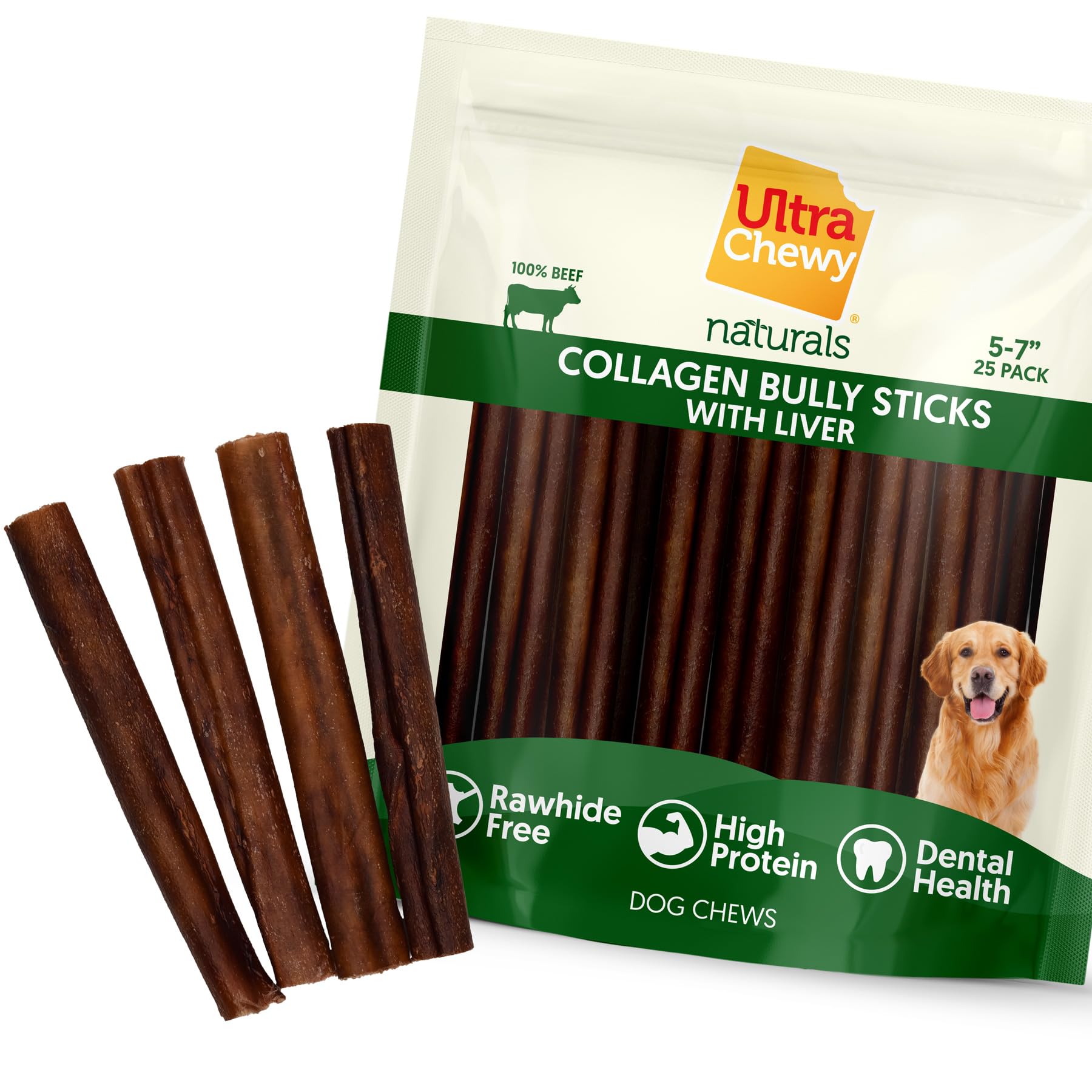 Ultra Chewy Collagen Sticks pack front view, odor-free and all-natural chews.
