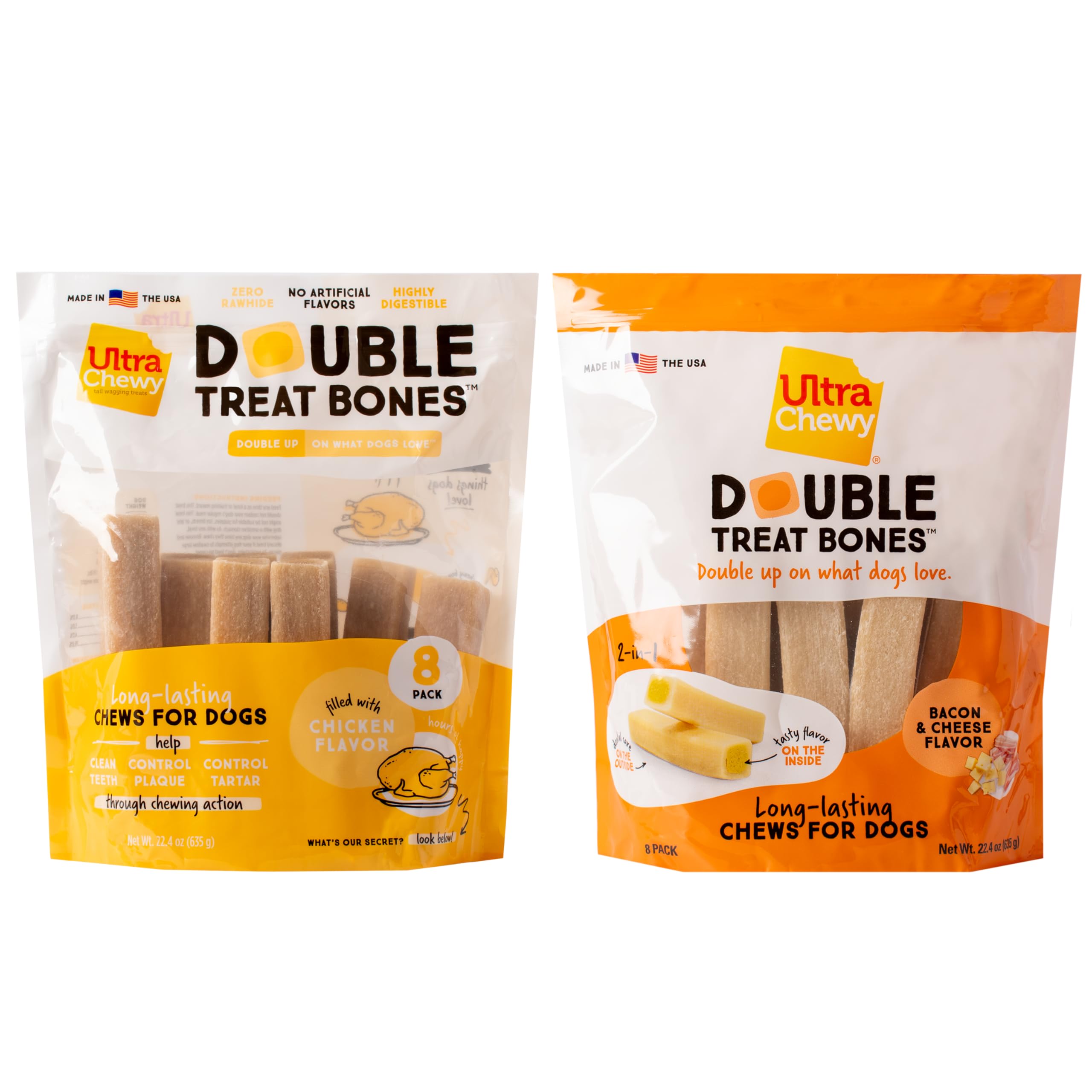 Ultra Chewy Double Treat Bones with bacon-cheese outer layer for a long-lasting chew