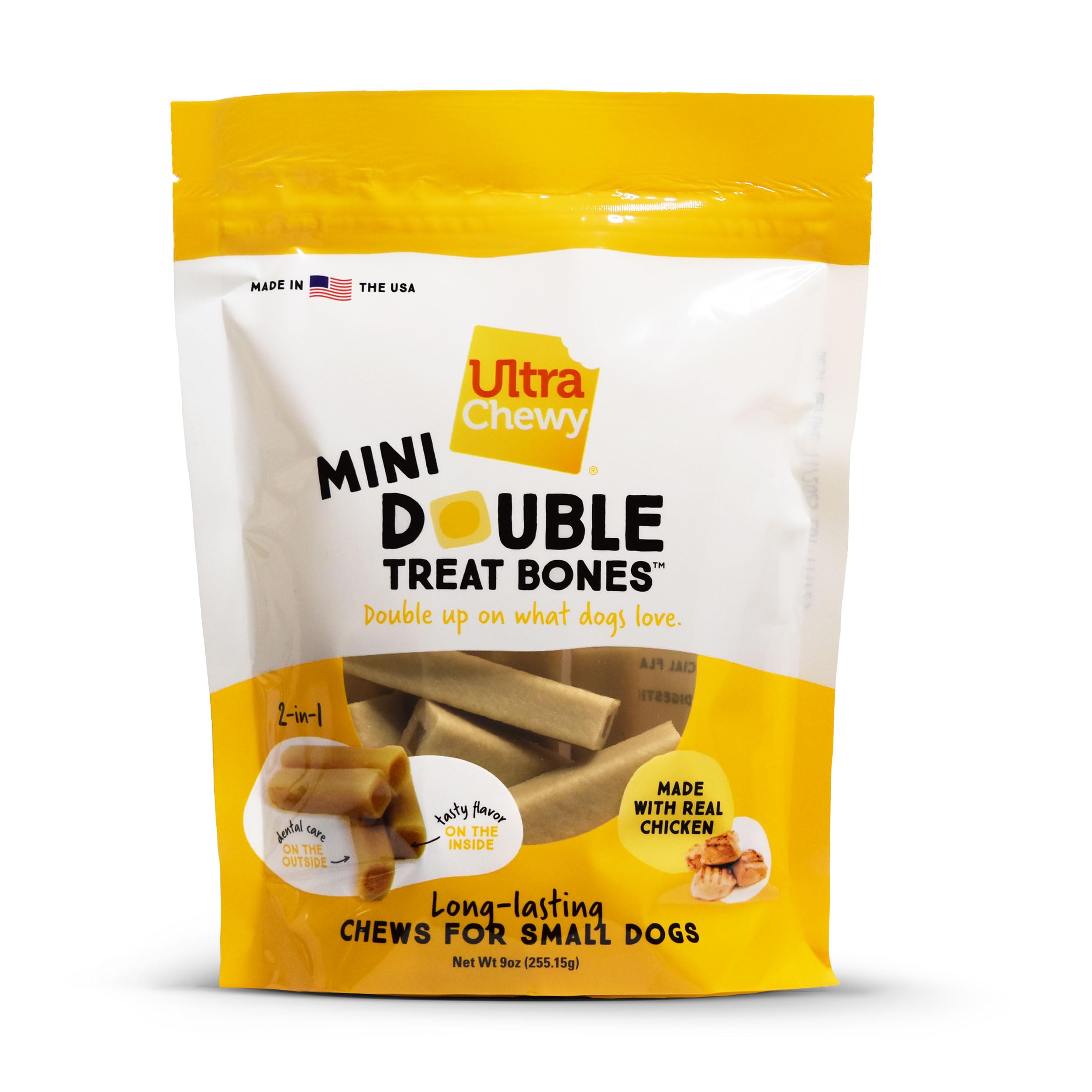 Ultra Chewy Double Treat Bones chicken flavor for variety.