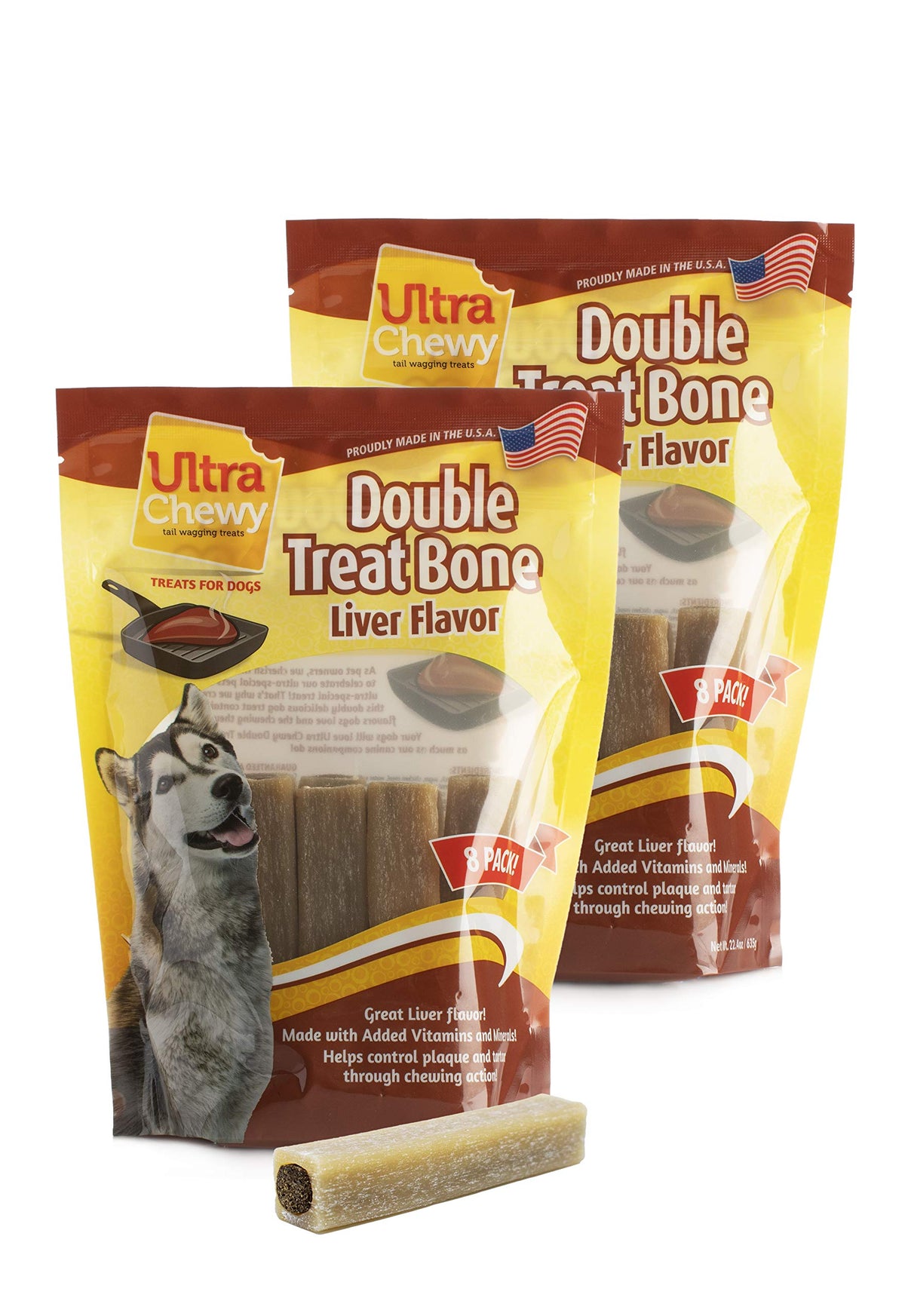 Ultra Chewy Double Treat Bones liver-flavor packaging highlights USA-made quality for all breeds.