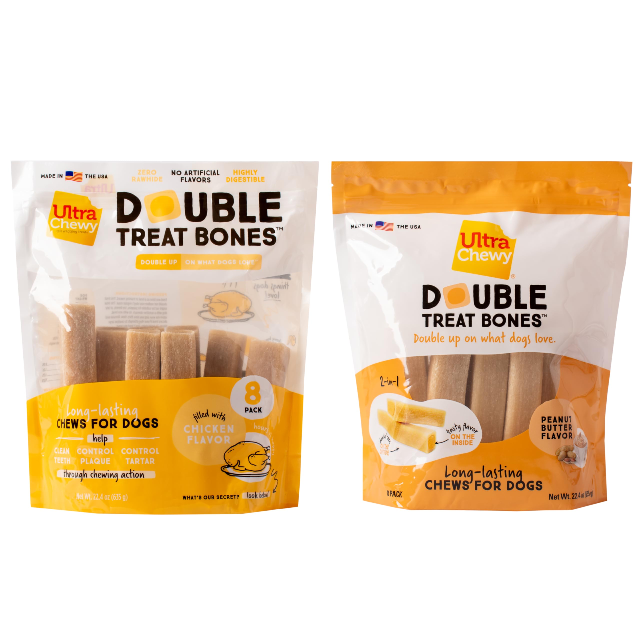Ultra Chewy Double Treat Bones packaging shows two-pack versatility for on-the-go rewards.