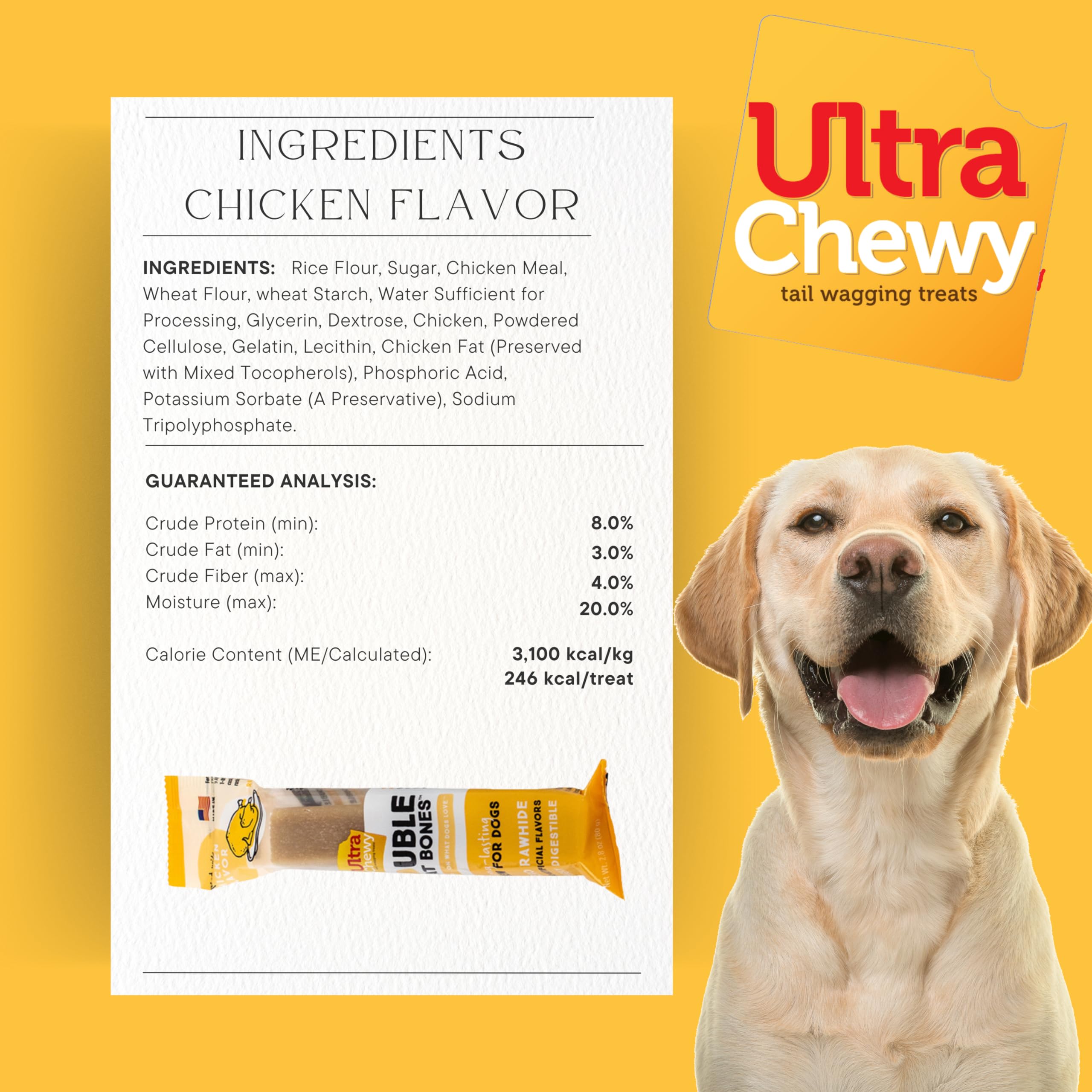 Ultra Chewy Favorites rawhide-free recipe highlighted as digestible choice.