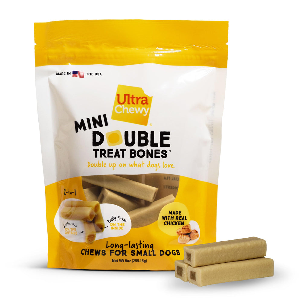 Ultra Chewy Mini Double Treat Bones made in USA highlights quality craftsmanship.
